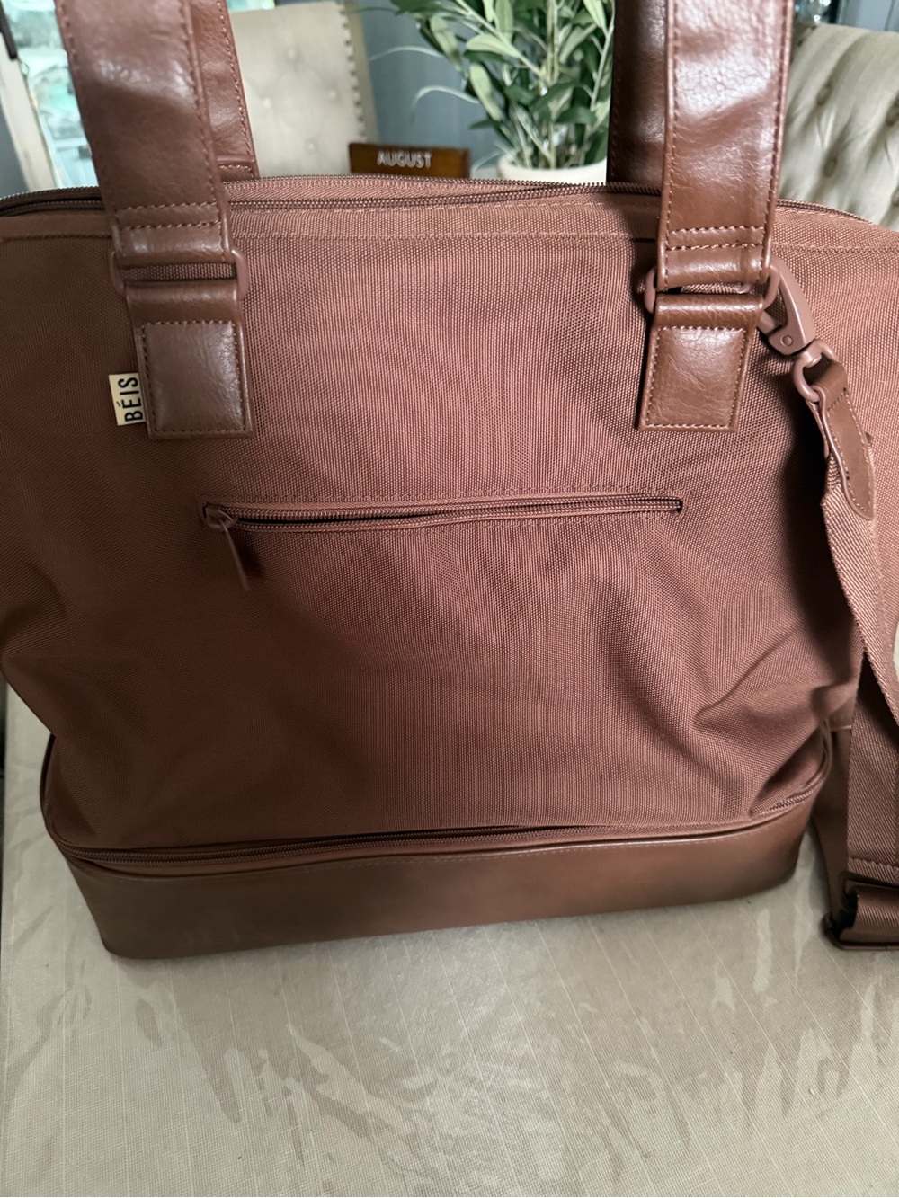 BEIS Chestnut Canvas Laptop Tote with Leather-Trim